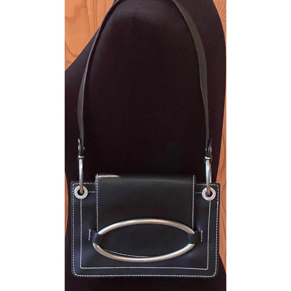 Vintage Y2K DKNY Black Shoulder Bag Silver Oval Logo Hardware Flap Purse